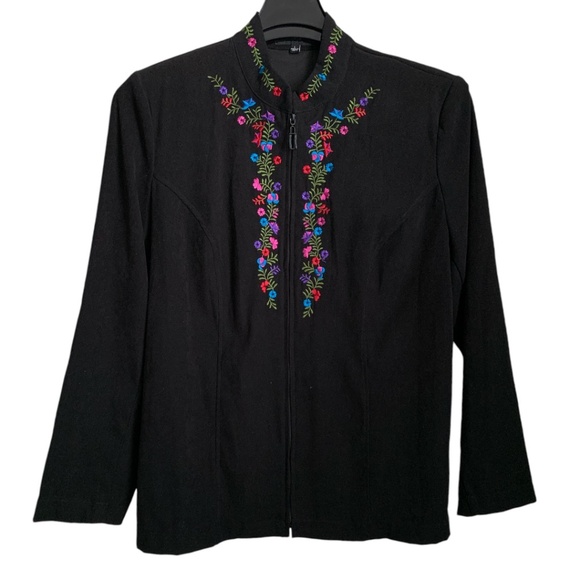 elementz Womens Blazer Jacket Size Large Black with Colorful Embroidered Flowers - Picture 1 of 7